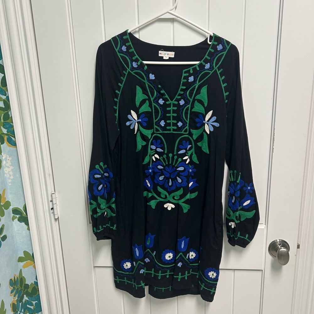 Roller Rabbit Black Tunic Dress with Blue & Green Floral Embroidery